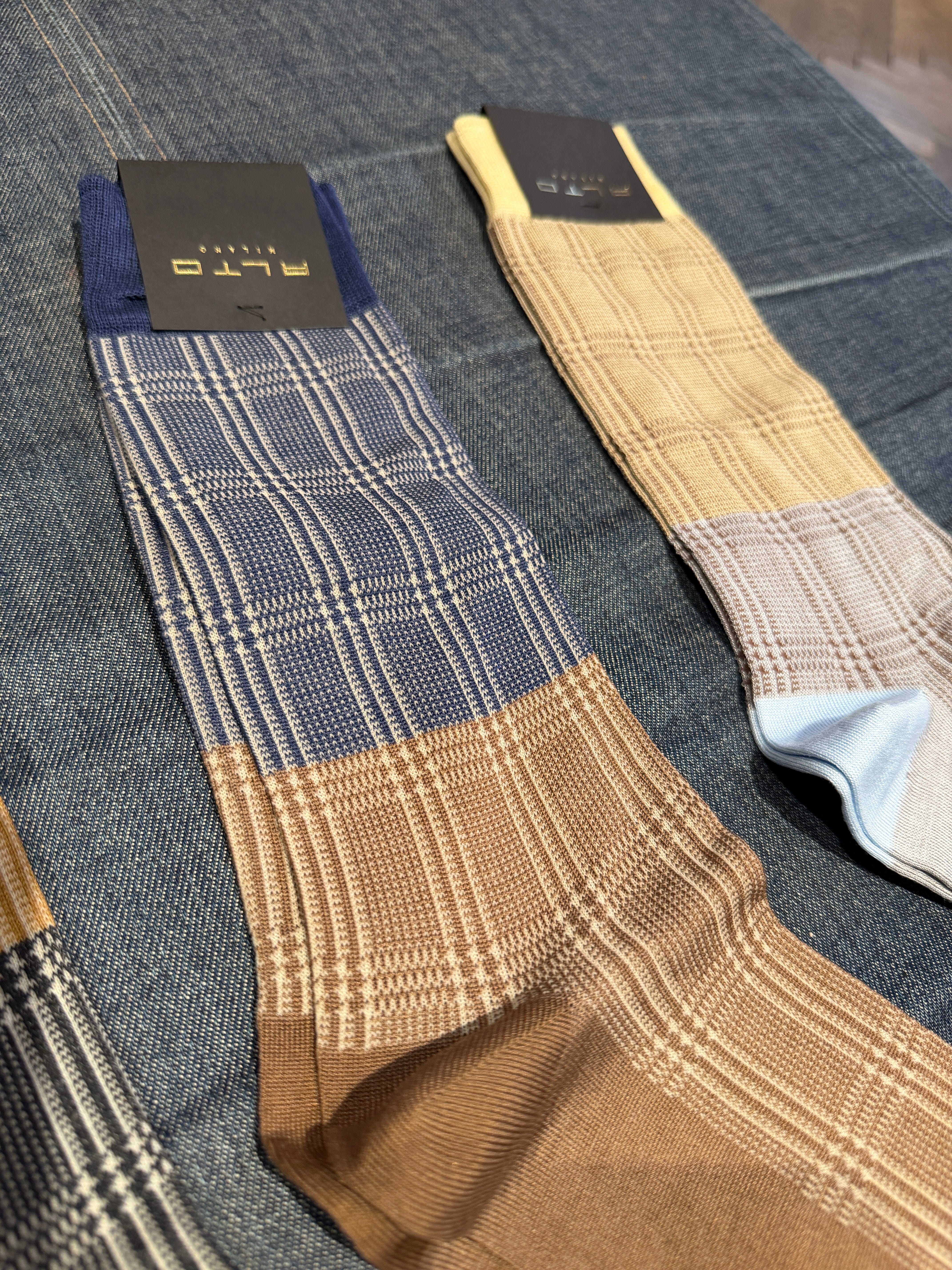 ALTO MILANO - Calzino corto- 26PEAM2205UC_45- Tartan Blu Cina Nocciola Accessori Uomo Alto Milano