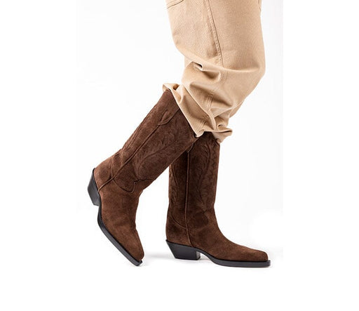 ANNA F - Texan Boots - 9797 - Velor Coffee Women's Shoes Anna F.